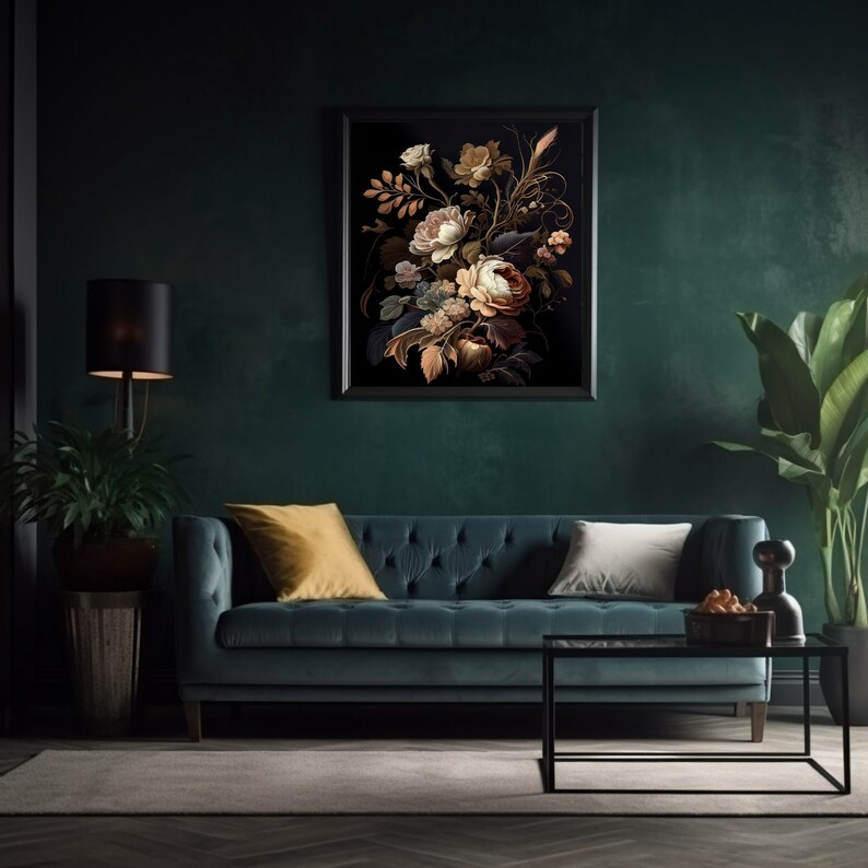 Printable Art, Dark Floral Print, Earth Tone Wall Art, Dark Academia