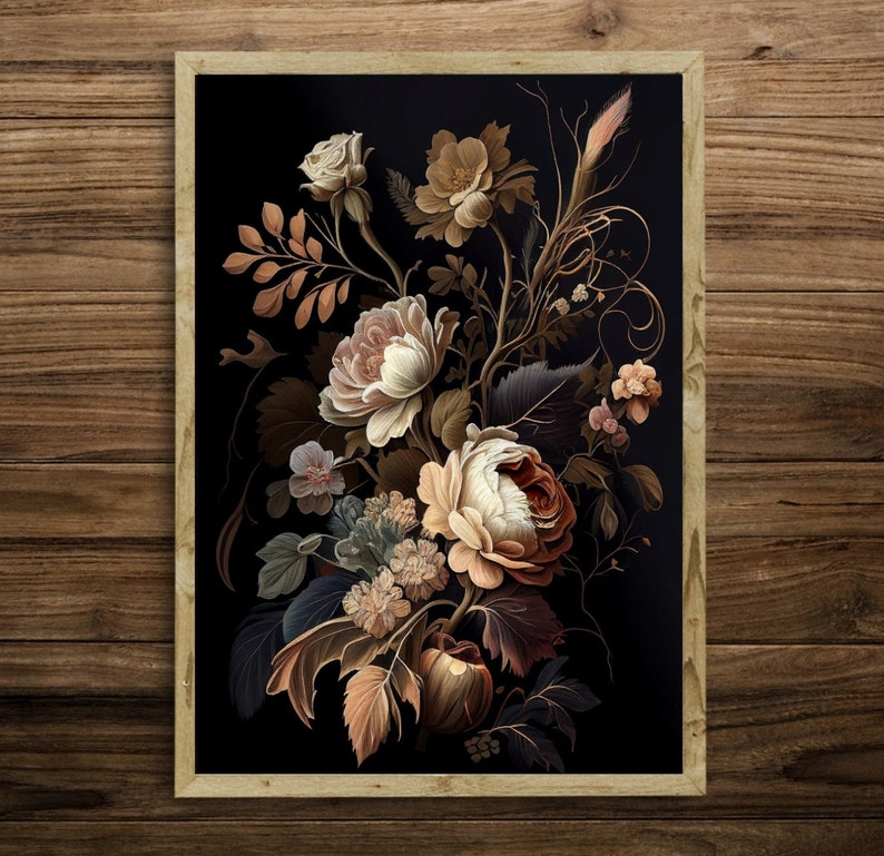 Printable Art, Dark Floral Print, Earth Tone Wall Art, Dark Academia