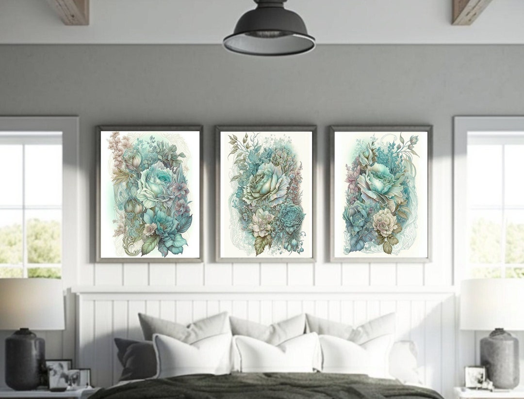 Printable Wall Art Set, 3 Piece Wall Art, Seafoam Boho Floral, Light ...