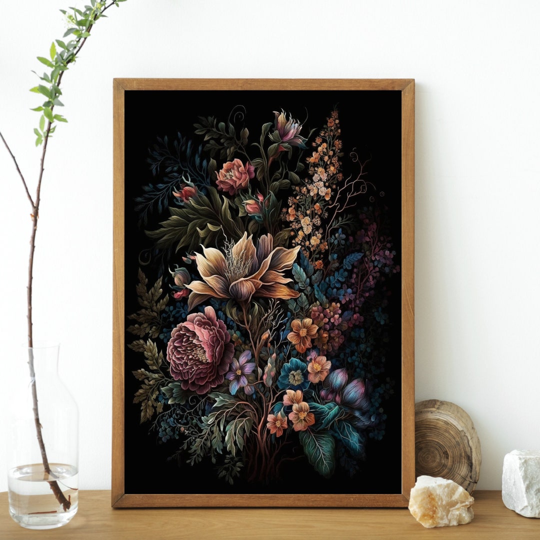 Printable Wall Art, Moody Floral Art, Dark Botanical Print, Dark Floral