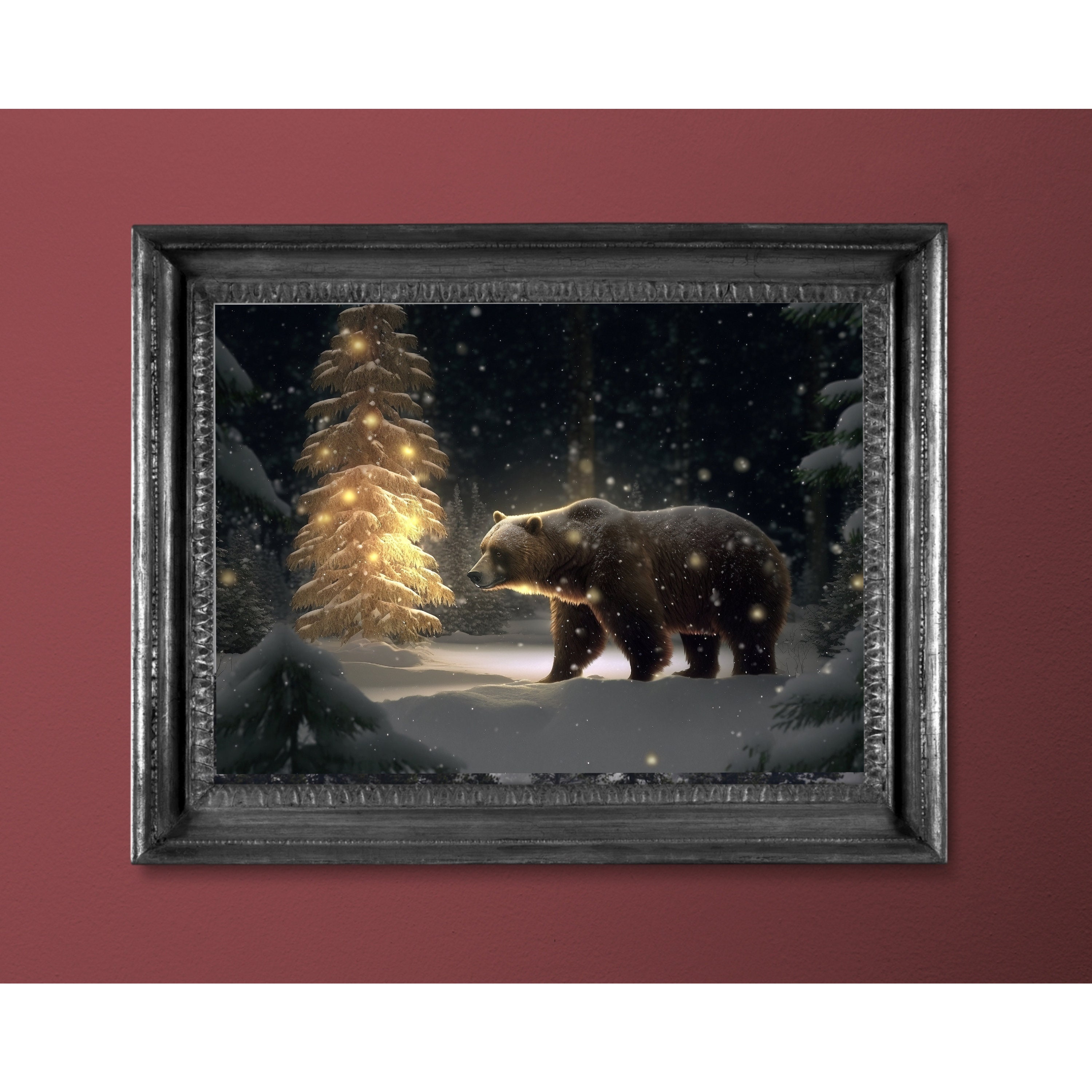 Printable Wall Art, Woodland Christmas Bear, Christmas Scene Wall Art