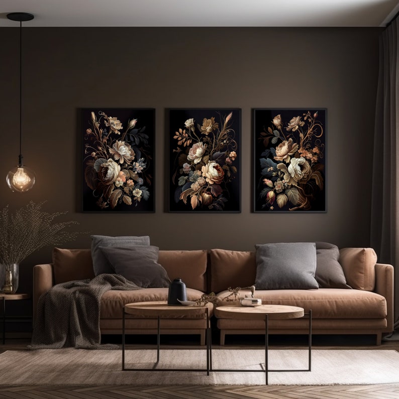 3 Piece Wall Art Set, Printable Wall Art, Dark Academia Decor, Peony Painting, Dark Botanical, Dark Coquette Set, Dark Cottagecore Decor, Wedding Art, Moody Floral Print, Dark Floral Print, Dark Artwork, Dark Academia Floral, Three Piece Wall Art Set