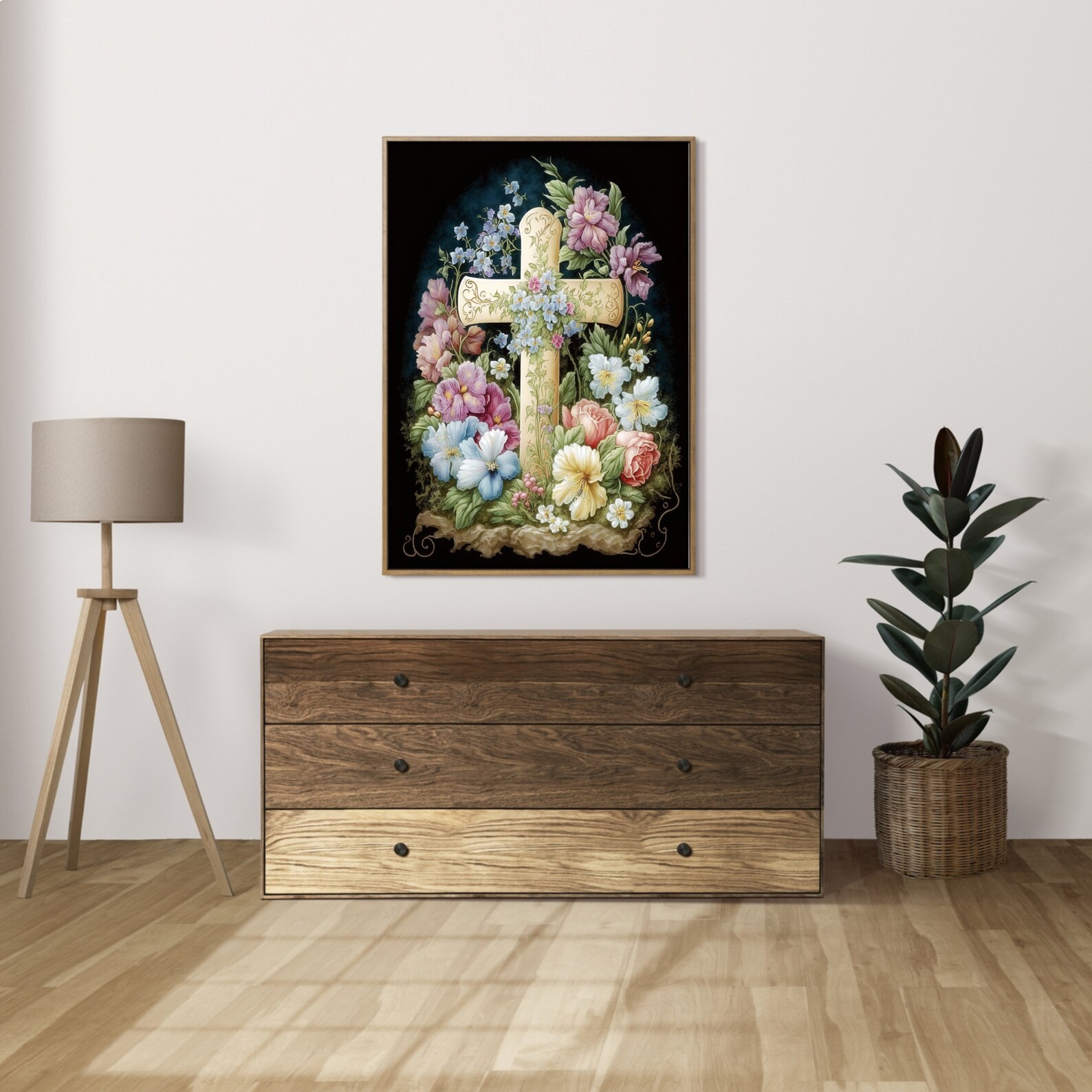 Easter Cross Wall Art, Printable Easter Floral Decor, Easter Decor Religious, Christian Easter