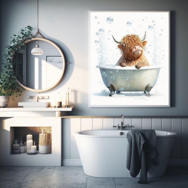 Printable Art, Scottish Highland Cow in Bathroom, Highland Cow Decor