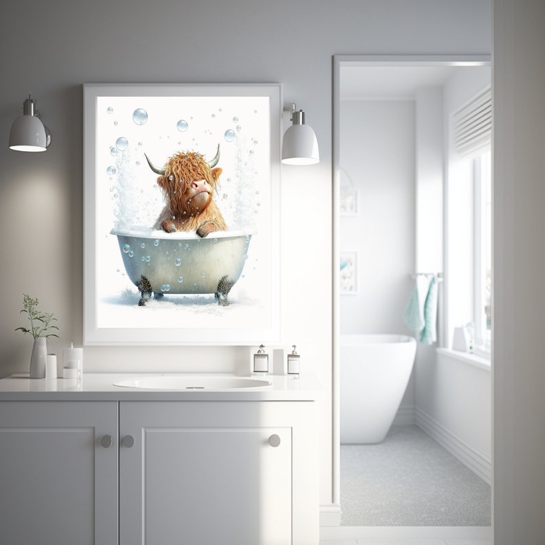 Printable Art, Scottish Highland Cow in Bathroom, Highland Cow Decor ...