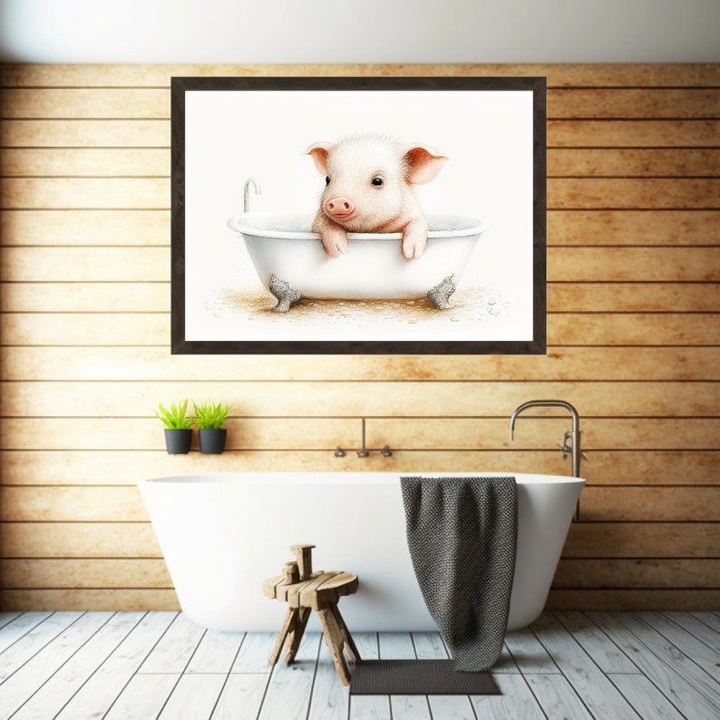 Printable Art, Cute Pig Bathroom Wall Art, Pig in Bathtub Decor, Animal