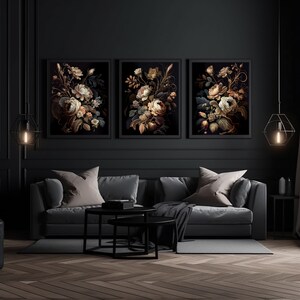 3 Piece Wall Art Set, Printable Wall Art, Dark Academia Decor, Peony Painting, Dark Botanical, Dark Coquette Set, Dark Cottagecore Decor, Wedding Art, Moody Floral Print, Dark Floral Print, Dark Artwork, Dark Academia Floral, Three Piece Wall Art Set