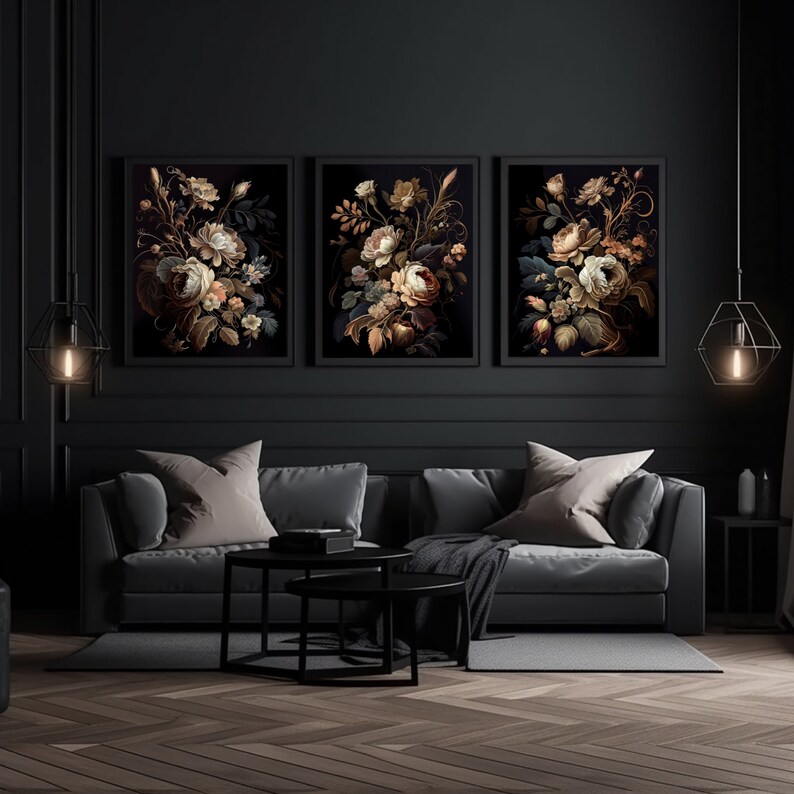 3 Piece Wall Art Set, Printable Wall Art, Dark Academia Decor, Peony Painting, Dark Botanical, Dark Coquette Set, Dark Cottagecore Decor, Wedding Art, Moody Floral Print, Dark Floral Print, Dark Artwork, Dark Academia Floral, Three Piece Wall Art Set