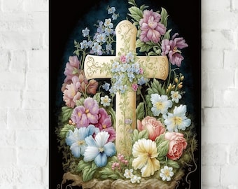 Pasen Cross Wall Art, afdrukbaar Pasen bloemendecor, paasdecor religieus, christelijke paaskunst aan de muur, humeurige lente, rustiek kruis bloemen