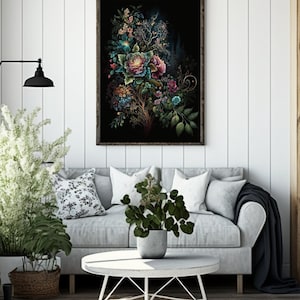 Printable Wall Art, Moody Floral Art, Dark Botanical, Dark Floral Wall Art, Jewel Tone Wall Art, Dark Floral Print, Boho Modern Wall Art, Rainbow Floral Art Print, Jewel Tones Wedding Floral Print, Feminine Wall Art, Girly Wall Art, Trendy Floral Art