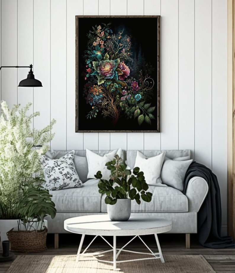 Printable Wall Art, Moody Floral Art, Dark Botanical, Dark Floral Wall Art, Jewel Tone Wall Art, Dark Floral Print, Boho Modern Wall Art, Rainbow Floral Art Print, Jewel Tones Wedding Floral Print, Feminine Wall Art, Girly Wall Art, Trendy Floral Art