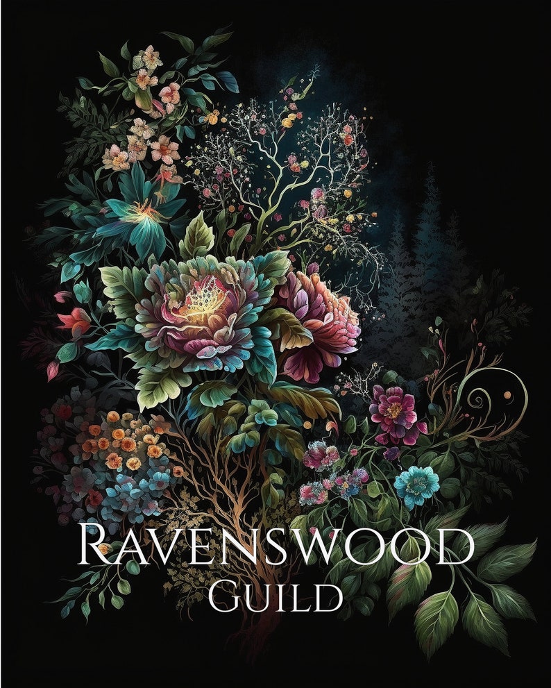 Puede incluir: Una impresi&oacute;n de arte digital que presenta un exuberante arreglo floral con grandes peon&iacute;as y varias otras flores en tonos de verde azulado, rosa y morado. El texto "RAVENSWOOD GUILD" se muestra en blanco en la parte inferior sobre un fondo oscuro.