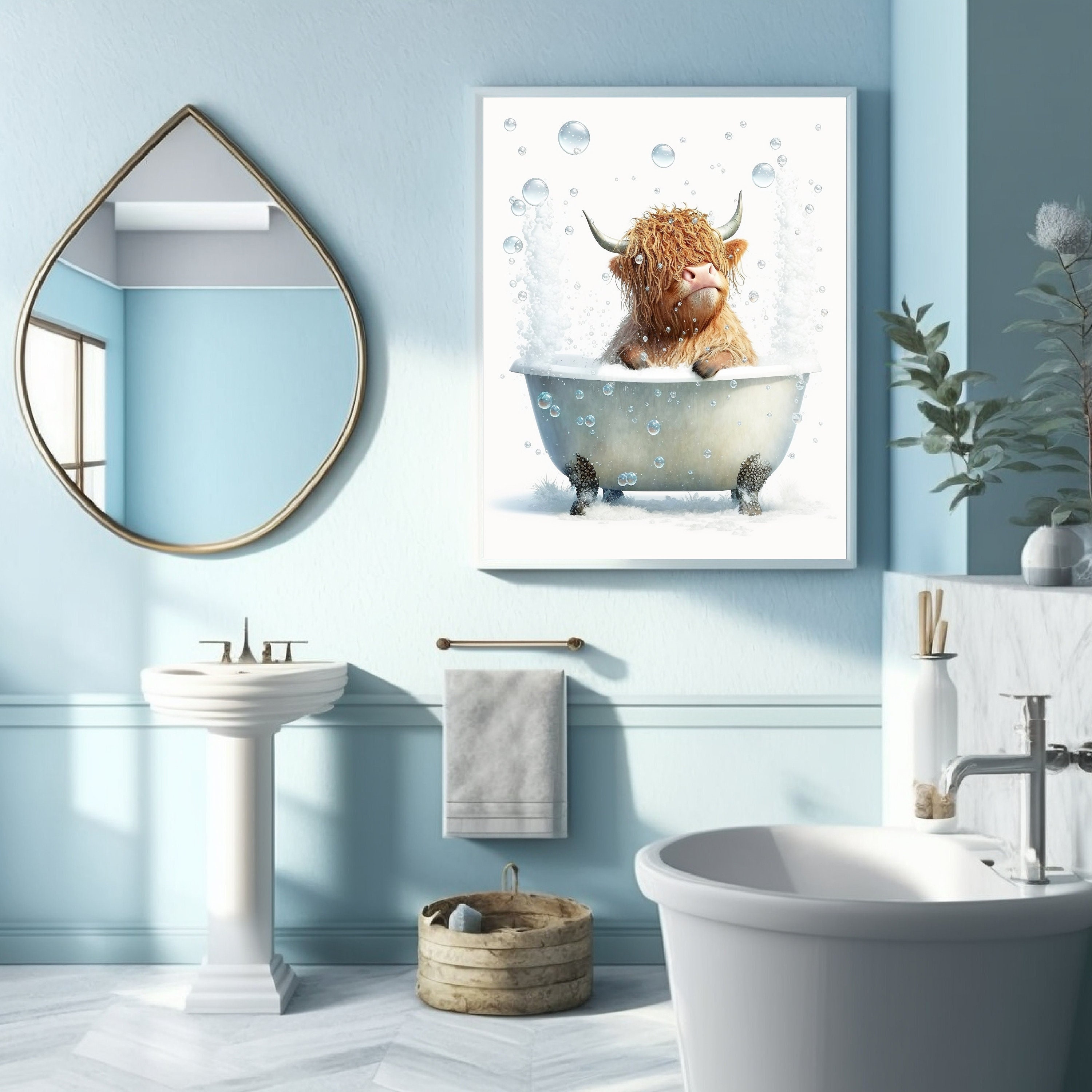 Printable Art, Scottish Highland Cow in Bathroom, Highland Cow Decor ...