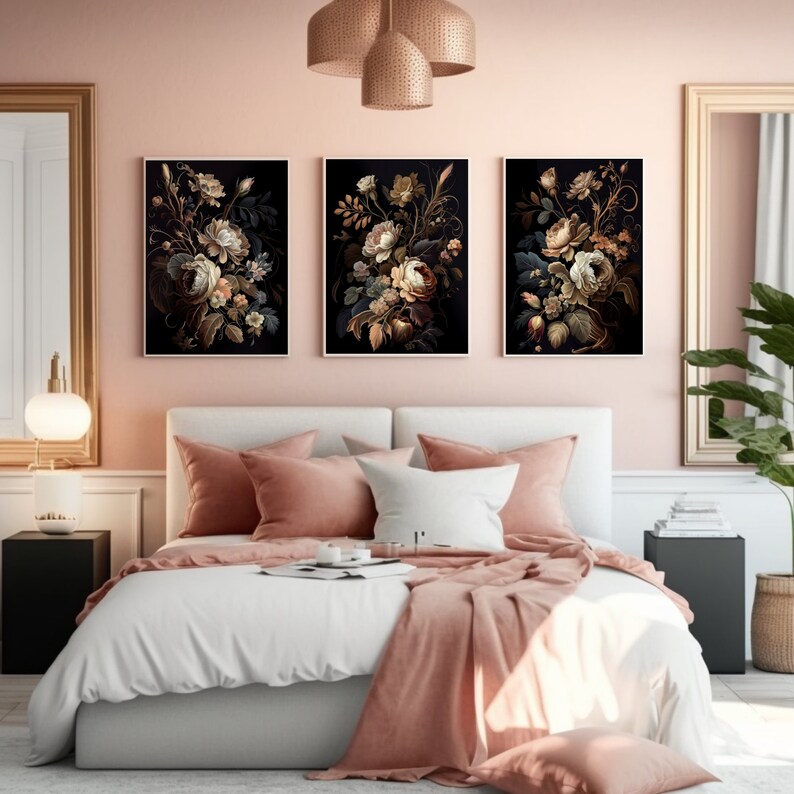 3 Piece Wall Art Set, Printable Wall Art, Dark Academia Decor, Peony Painting, Dark Botanical, Dark Coquette Set, Dark Cottagecore Decor, Wedding Art, Moody Floral Print, Dark Floral Print, Dark Artwork, Dark Academia Floral, Three Piece Wall Art Set