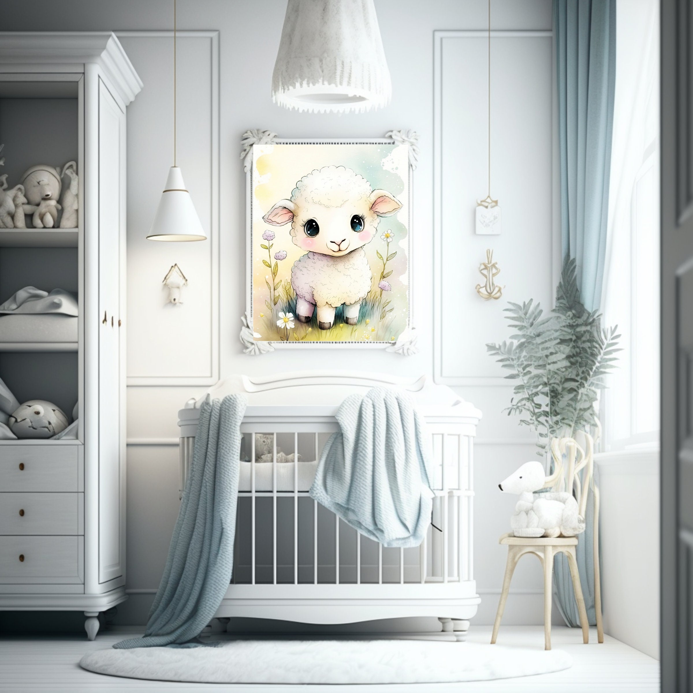 Nursery Decor Girl Lamb, Printable Baby Lamb Wall Art, Nursery Farm