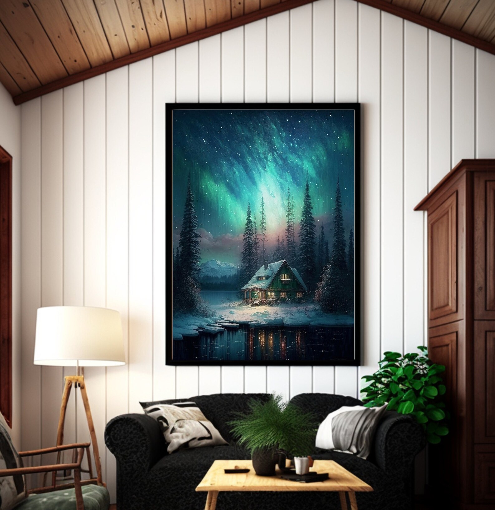 Printable Wall Art, Northern Lights Art, Cabin Art, Aurora Borealis Mountain Artwork, Lake Cabin