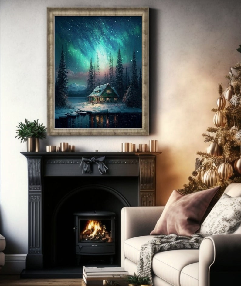 Printable Wall Art, Northern Lights Art, Cabin Art, Aurora Borealis Mountain Artwork, Lake Cabin