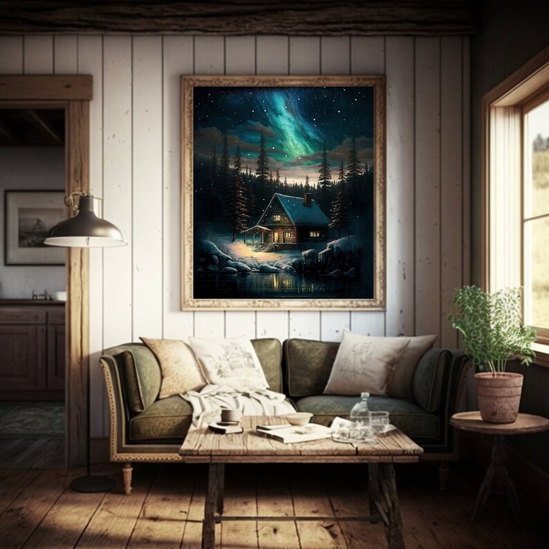 Printable Wall Art, Northern Lights Art, Winter Scene, Forestcore, Cabin Art, Cozy Cabin, Aurora