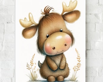 Printable Art, Cute Baby Moose Nursery, Baby Forest Animals Prints, Nursery Moose Decorations, Cute Baby Moose Art, Commercial Use Moose