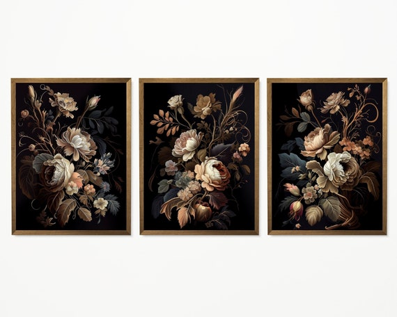 Printable Art, Dark Academia Decor, 3 Piece Wall Art Set, Peony Painting, Dark Botanical, Coquette, Dark Cottagecore, Moody Floral Print