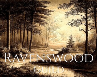 May include: Sepia-toned landscape featuring a forest scene with a winding river. Tall trees line the riverbanks, and the text "RAVENSWOOD GUILD" is displayed in a white, elegant font across the image. The overall aesthetic is reminiscent of a vintage painting.