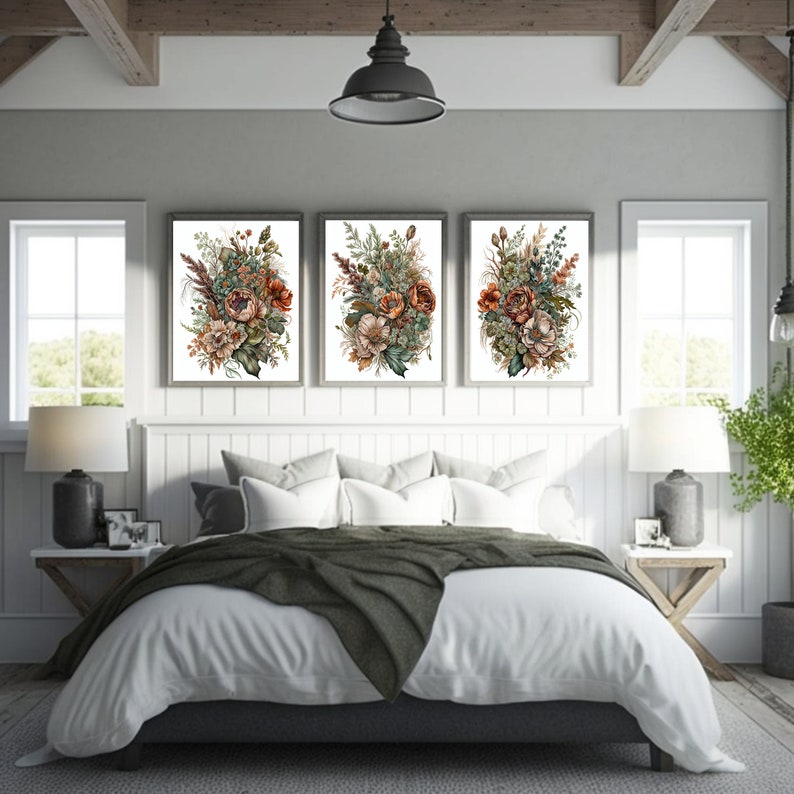 Printable Art Set, Boho Rust Floral TRIO, 3 Piece Wall Art, Gallery ...