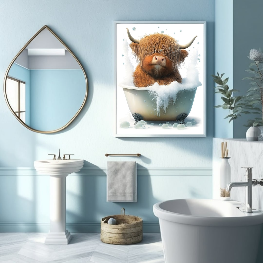 Printable Art, Scottish Highland Cow in Bathroom, Highland Cow Decor ...