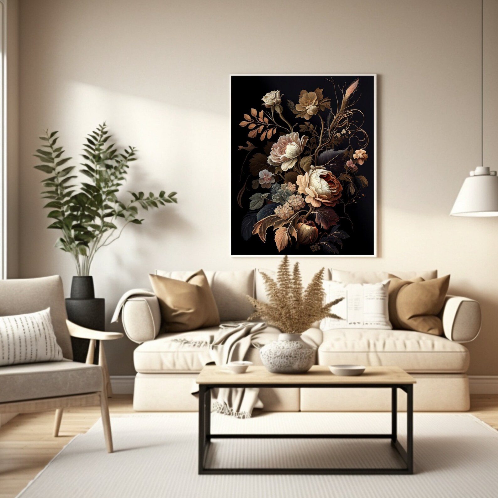 Printable Art, Dark Floral Print, Earth Tone Wall Art, Dark Academia