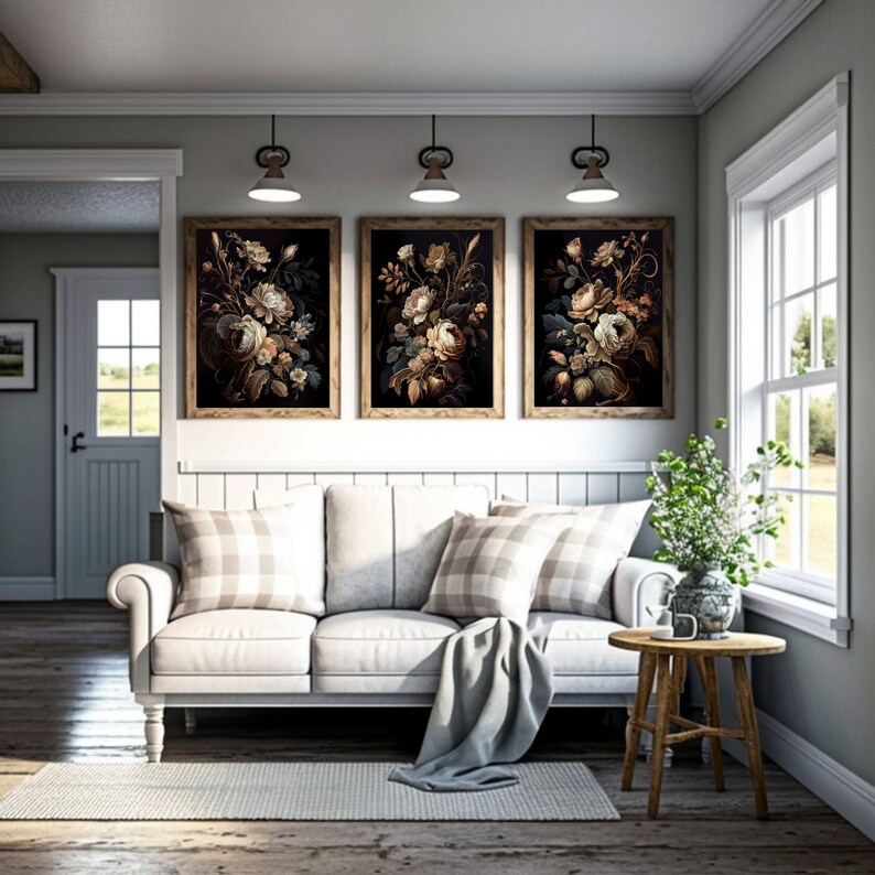 3 Piece Wall Art Set, Printable Wall Art, Dark Academia Decor, Peony Painting, Dark Botanical, Dark Coquette Set, Dark Cottagecore Decor, Wedding Art, Moody Floral Print, Dark Floral Print, Dark Artwork, Dark Academia Floral, Three Piece Wall Art Set