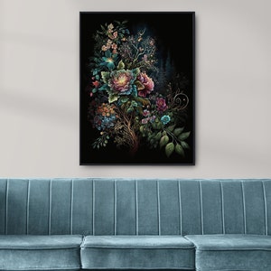 Printable Wall Art, Moody Floral Art, Dark Botanical, Dark Floral Wall Art, Jewel Tone Wall Art, Dark Floral Print, Boho Modern Wall Art, Rainbow Floral Art Print, Jewel Tones Wedding Floral Print, Feminine Wall Art, Girly Wall Art, Trendy Floral Art