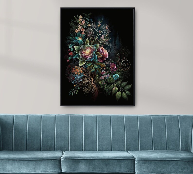 Printable Wall Art, Moody Floral Art, Dark Botanical, Dark Floral Wall Art, Jewel Tone Wall Art, Dark Floral Print, Boho Modern Wall Art, Rainbow Floral Art Print, Jewel Tones Wedding Floral Print, Feminine Wall Art, Girly Wall Art, Trendy Floral Art