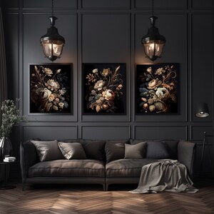 3 Piece Wall Art Set, Printable Wall Art, Dark Academia Decor, Peony Painting, Dark Botanical, Dark Coquette Set, Dark Cottagecore Decor, Wedding Art, Moody Floral Print, Dark Floral Print, Dark Artwork, Dark Academia Floral, Three Piece Wall Art Set