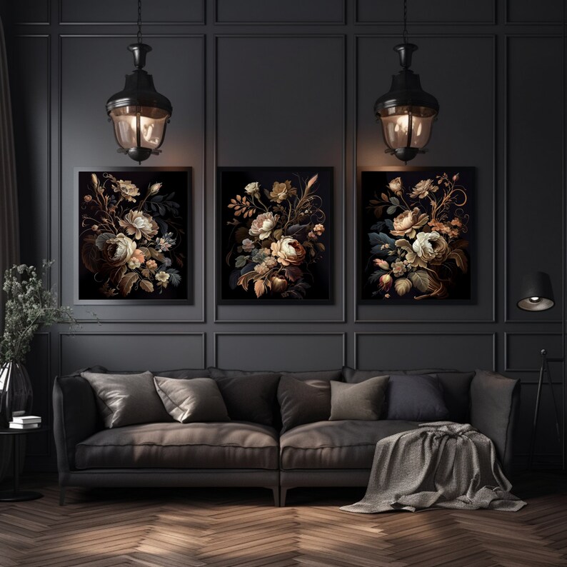 3 Piece Wall Art Set, Printable Wall Art, Dark Academia Decor, Peony Painting, Dark Botanical, Dark Coquette Set, Dark Cottagecore Decor, Wedding Art, Moody Floral Print, Dark Floral Print, Dark Artwork, Dark Academia Floral, Three Piece Wall Art Set