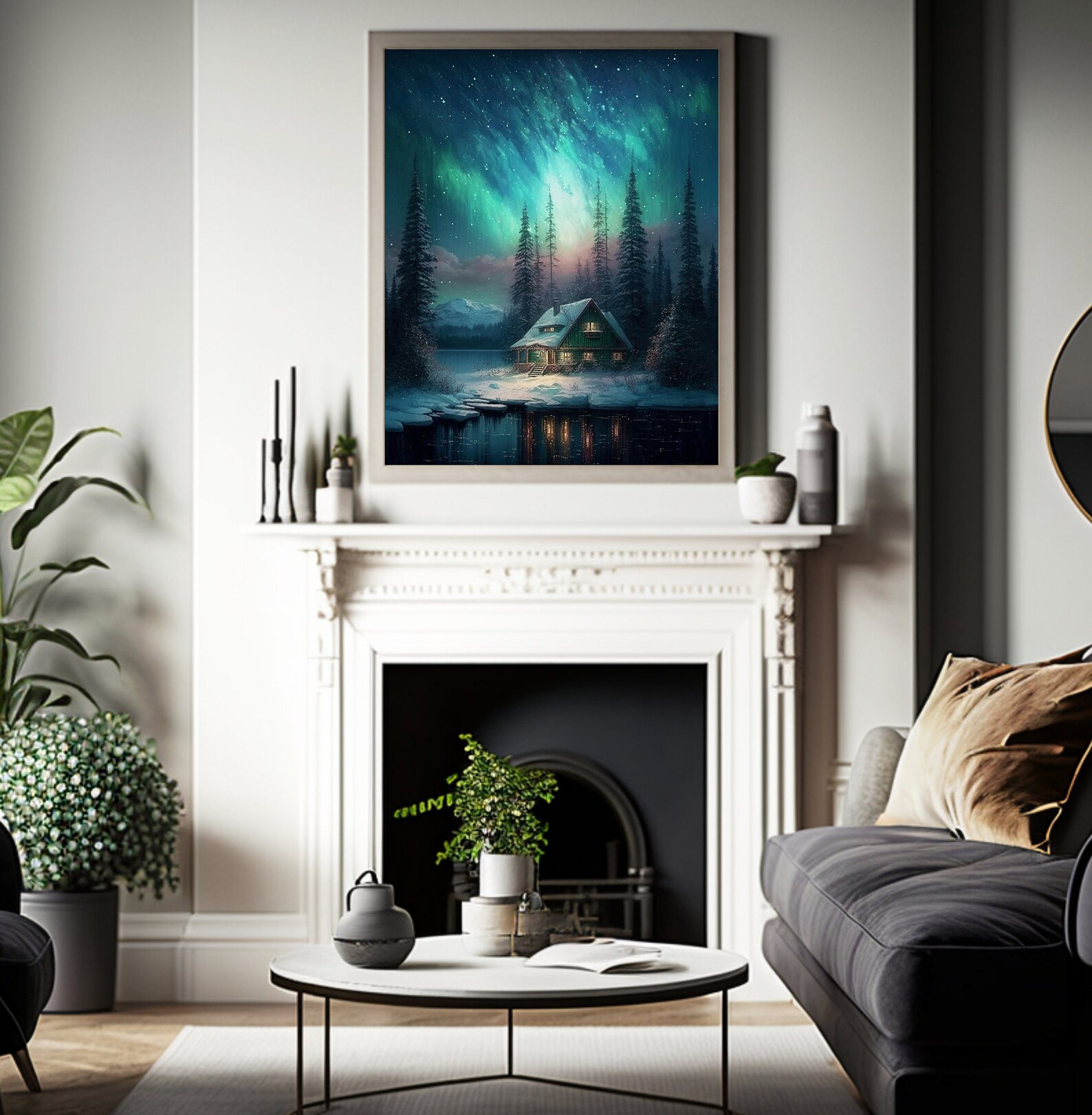 Printable Wall Art, Northern Lights Art, Cabin Art, Aurora Borealis Mountain Artwork, Lake Cabin