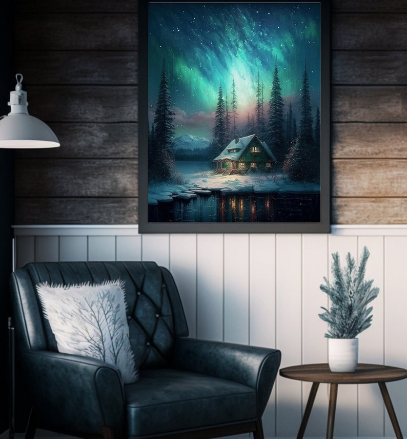 Printable Wall Art, Northern Lights Art, Cabin Art, Aurora Borealis Mountain Artwork, Lake Cabin
