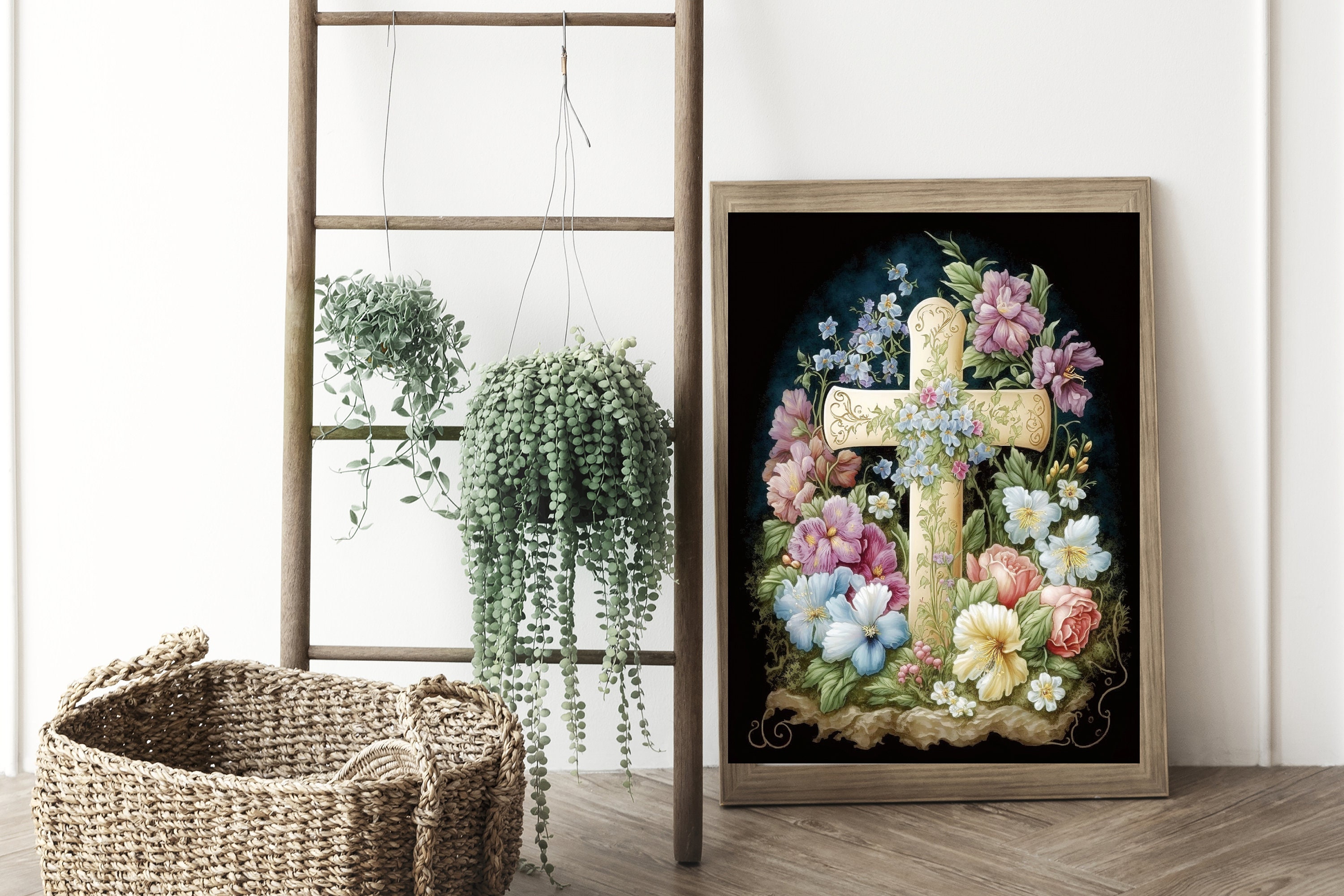 Easter Cross Wall Art, Printable Easter Floral Decor, Easter Decor Religious, Christian Easter