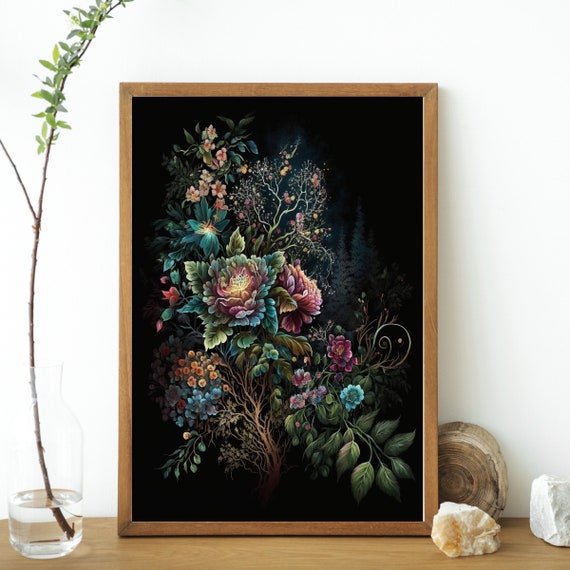 Printable Wall Art, Moody Floral Art, Dark Botanical, Dark Floral Wall Art, Jewel Tone Wall Art, Dark Floral Print, Boho Modern Wall Art