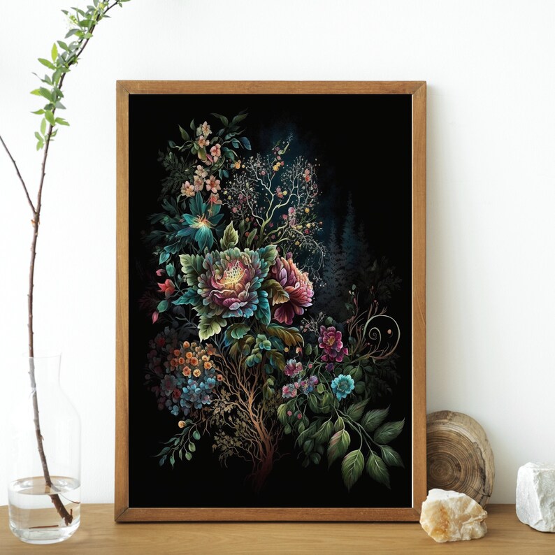 Printable Wall Art, Moody Floral Art, Dark Botanical, Dark Floral Wall Art, Jewel Tone Wall Art, Dark Floral Print, Boho Modern Wall Art, Rainbow Floral Art Print, Jewel Tones Wedding Floral Print, Feminine Wall Art, Girly Wall Art, Trendy Floral Art