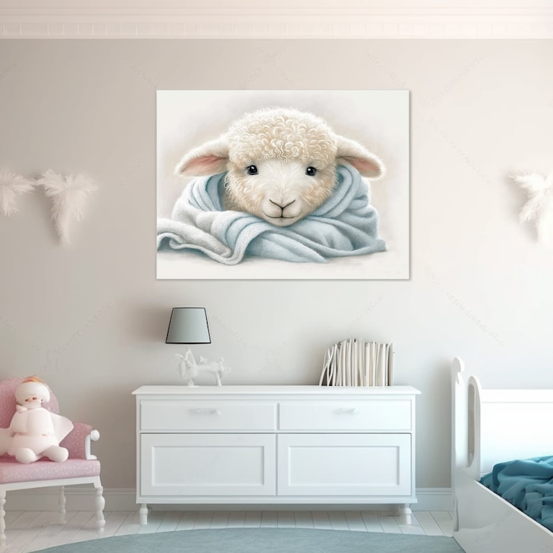 Printable Art, Little Lamb Nursery Wall Art, Baby Boy Blue Lamb, Tiny