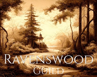 May include: Sepia-toned landscape painting featuring a forest scene with a winding river and a small gazebo. The text "RAVENSWOOD GUILD" is displayed in a white, elegant font across the bottom of the image.