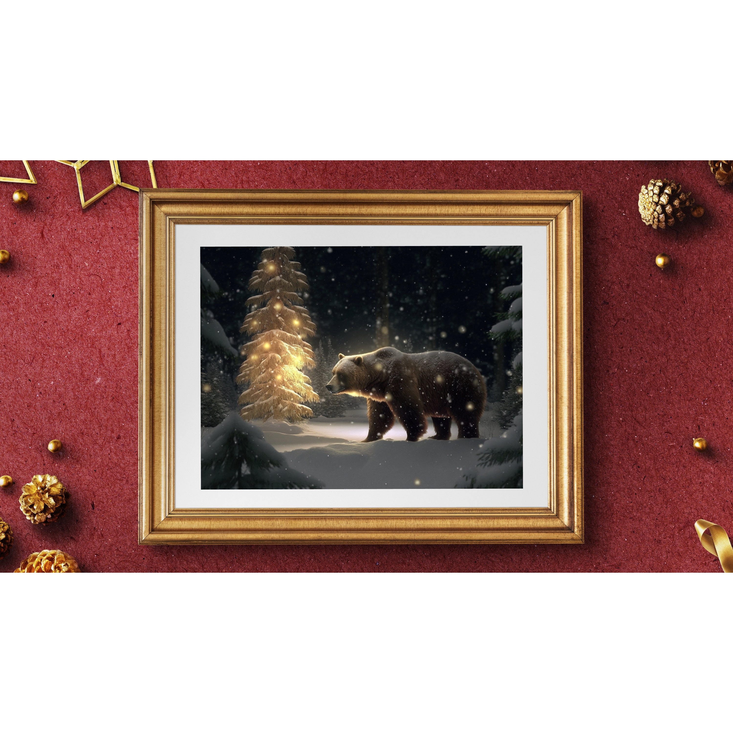 Printable Wall Art, Woodland Christmas Bear, Christmas Scene Wall Art