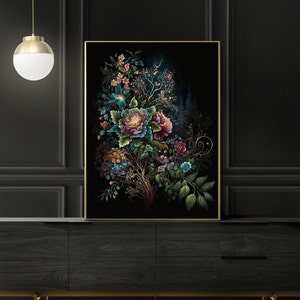 Printable Wall Art, Moody Floral Art, Dark Botanical, Dark Floral Wall Art, Jewel Tone Wall Art, Dark Floral Print, Boho Modern Wall Art, Rainbow Floral Art Print, Jewel Tones Wedding Floral Print, Feminine Wall Art, Girly Wall Art, Trendy Floral Art