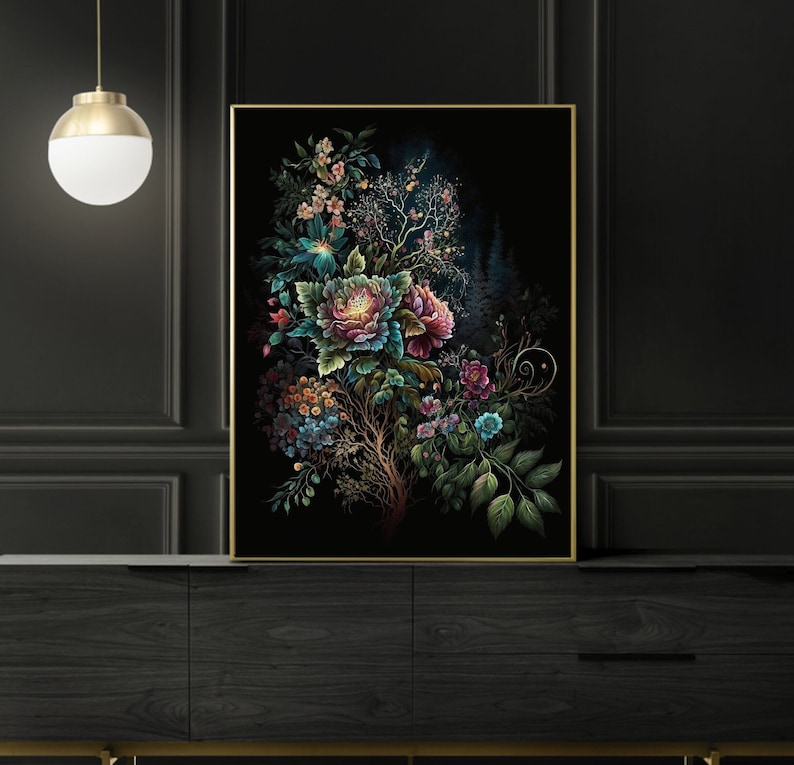 Printable Wall Art, Moody Floral Art, Dark Botanical, Dark Floral Wall Art, Jewel Tone Wall Art, Dark Floral Print, Boho Modern Wall Art, Rainbow Floral Art Print, Jewel Tones Wedding Floral Print, Feminine Wall Art, Girly Wall Art, Trendy Floral Art