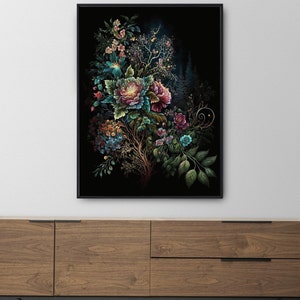 Printable Wall Art, Moody Floral Art, Dark Botanical, Dark Floral Wall Art, Jewel Tone Wall Art, Dark Floral Print, Boho Modern Wall Art, Rainbow Floral Art Print, Jewel Tones Wedding Floral Print, Feminine Wall Art, Girly Wall Art, Trendy Floral Art