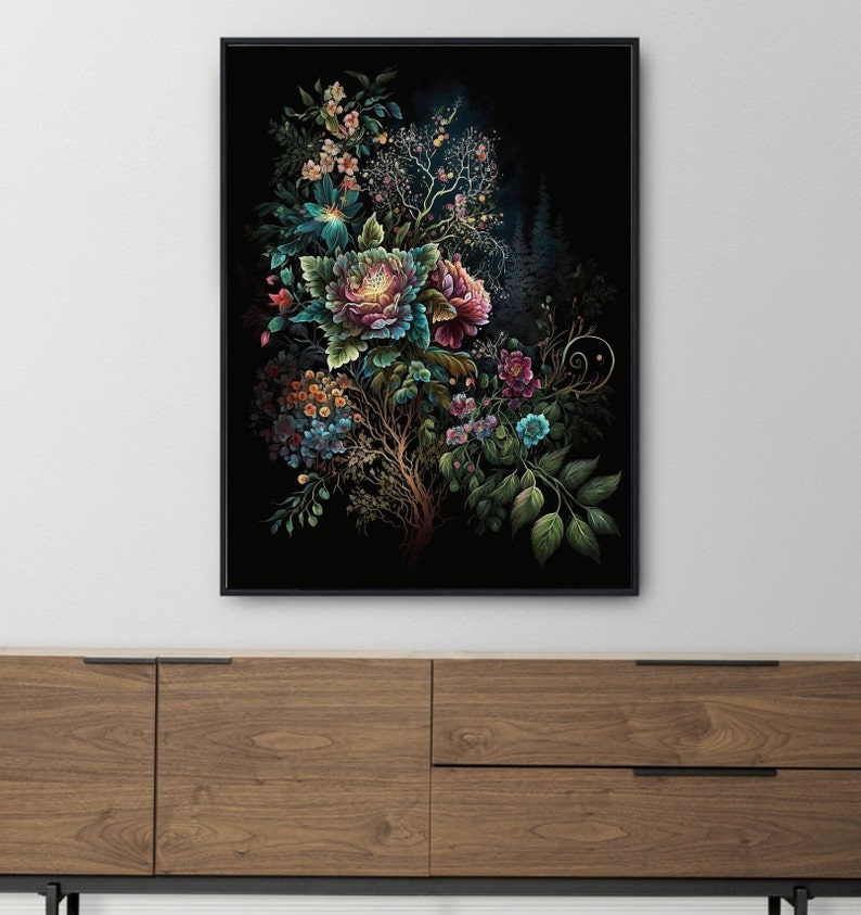 Printable Wall Art, Moody Floral Art, Dark Botanical, Dark Floral Wall Art, Jewel Tone Wall Art, Dark Floral Print, Boho Modern Wall Art, Rainbow Floral Art Print, Jewel Tones Wedding Floral Print, Feminine Wall Art, Girly Wall Art, Trendy Floral Art