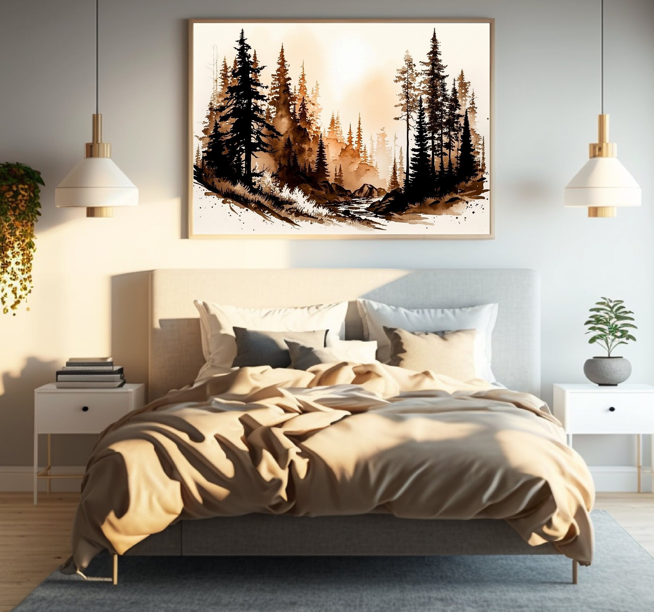 Printable Art, Watercolor Rust Forest, Pine Tree Art, Log Cabin Decor ...