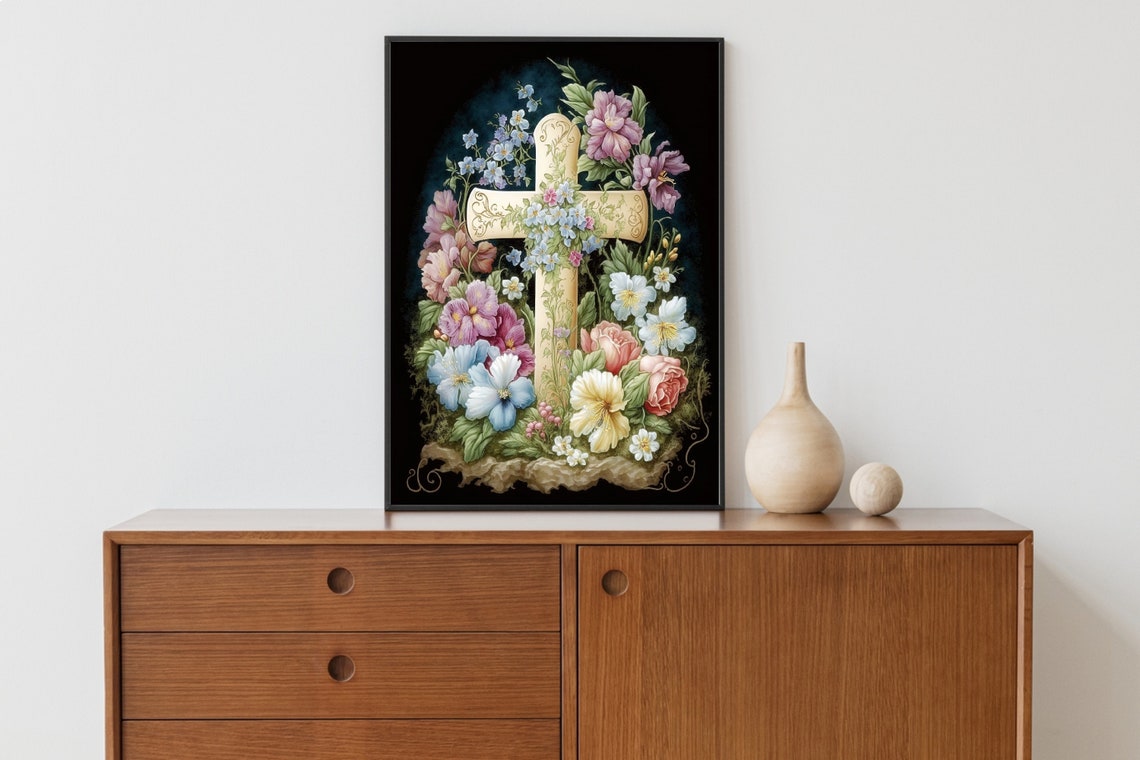 Easter Cross Wall Art, Printable Easter Floral Decor, Easter Decor Religious, Christian Easter