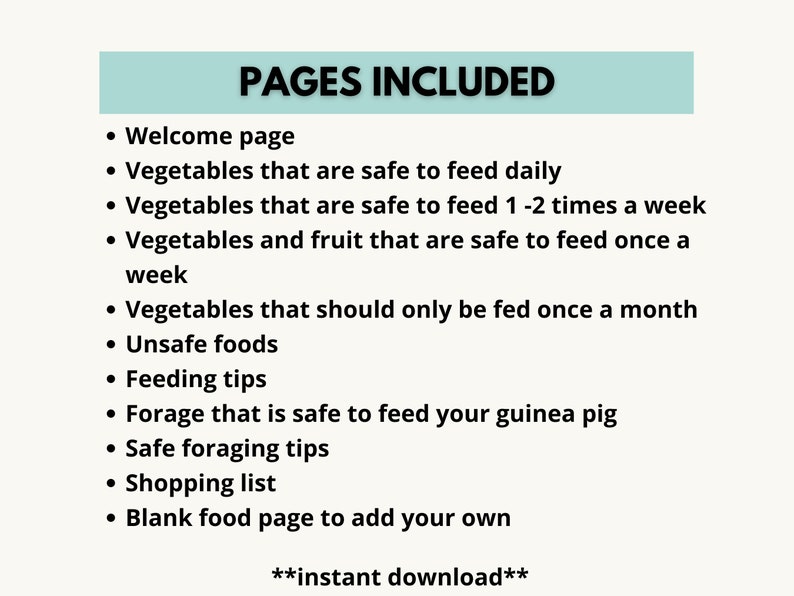Guinea Pig Printable Safe Food List, Guinea Pig Feeding Download, Food