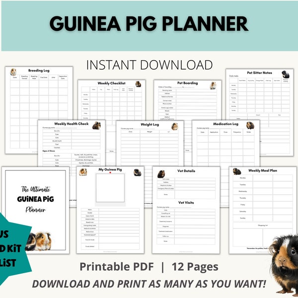 Guinea Pig Planner Printable, Guinea Pig Pet Sitting Insert, Pet Health Record, Pet Care Binder Guide, Pet Feeding Schedule