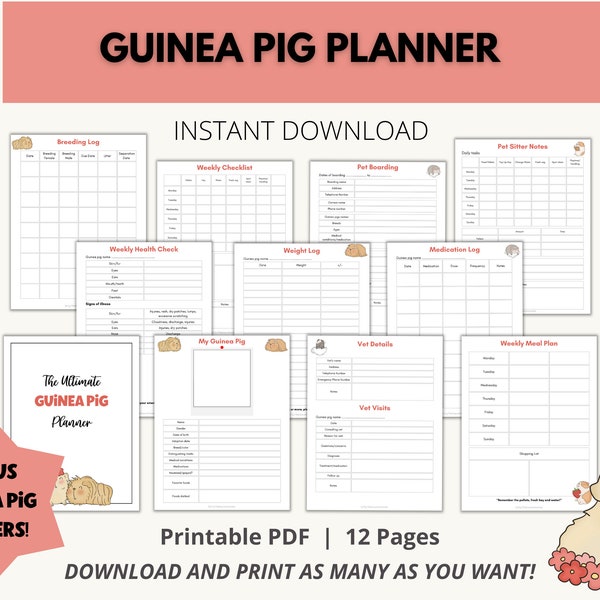 Guinea Pig Planner Printable, Guinea Pig Pet Sitting Insert, Pet Health Record, Pet Care Binder, Pet Feeding Schedule, Guinea Pig Sticker